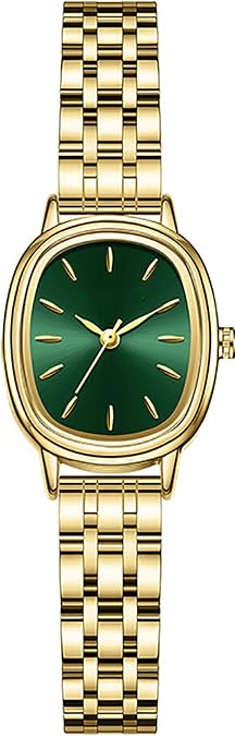 Retro Ladies Wristwatch Women's Oval Bracelet Quartz Watch Dainty for Womens Mesh Bracelet Waterproof Watch (Gold Green)