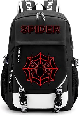 ZJYJING School Backpack for Boys, Black Red Spider School Bag for Elementary Middle, Laptop Bookbag for School Travel, Black