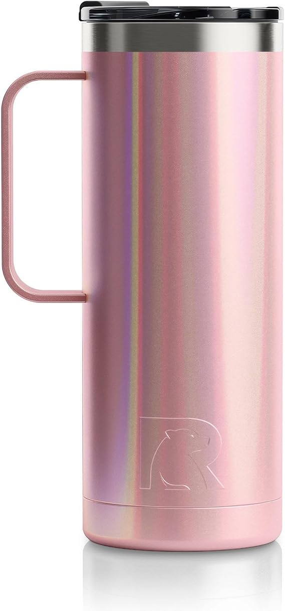 RTIC 20oz Travel Mug, Stainless Steel Insulated Coffee Cup with Lid and Handle, Portable for Car, Camping, Hot and Cold Drink, Dusty Rose Glitter