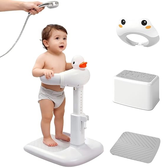 Baby Shower Stand with Shower Cap & Stool - Safety & Non-Slip Baby Bath Stand, Toddler Shower Stand for Infants 6-36 Months, Shower Standing Support Max 35 Lbs Capacity