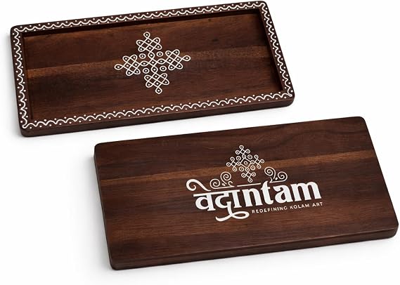 Acacia Wood Kolam Art Decorative Tray - Indian Return Gifts for Pooja, Diwali, Housewarming, Navratri - Gift Bag Included - 11 x 5 Inch - Set of 4