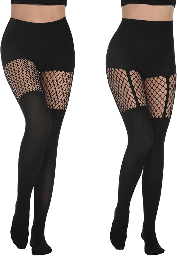 JOJOANS Faux Thigh High Tights Mock Suspender Pantyhose Striped Goth Fishnets Pack of 2