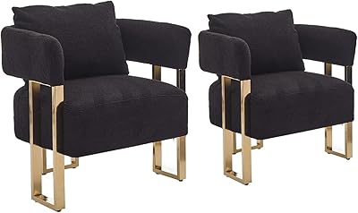 YITAI Modern Accent Chairs no Wheels, Living Room Side Chairs Set of 2 with Golden Metal Legs, Barrel Soft Teddyt Upholstered Reading Armchairs for OfficeReception RoomBedroomLounge,Black