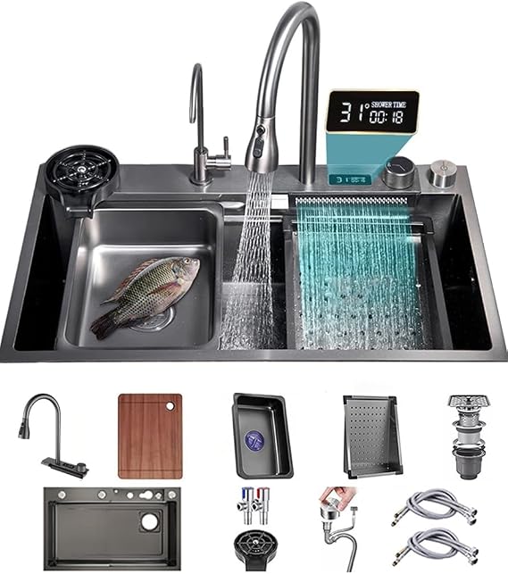 Waterfall 304 Stainless Steel Nano Coated Workstation Sink With Digital Display - Fly Rain Pull-Out Faucet - Size: 80x45x22cm