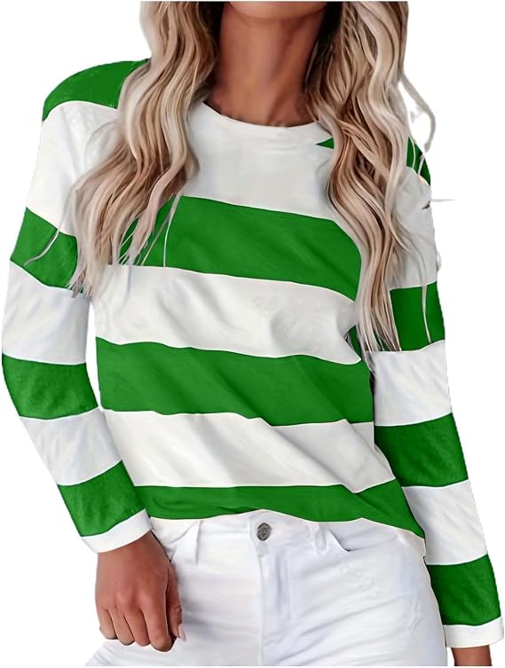 Heevina Long Sleeve Shirts for Women Striped Crewneck Loose Fit Base Shirt Fall Winter Tshirt Casual Tops Elegant