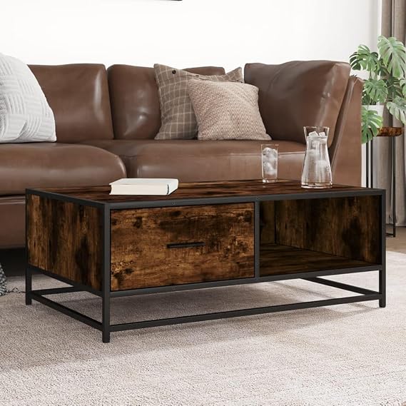90x57x35 cm Smoked Oak Coffee Table with Metal Frame and Engineered Wood Top, Industrial Style Side Table with Ample Storage Space for Living Room, Durable and Stable