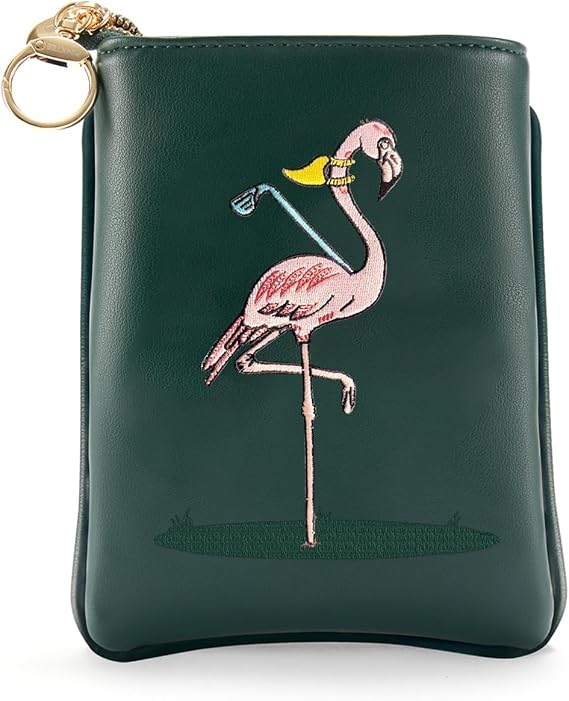PINKTEE Golf Valuables Pouch Premiun Leather Tee Pouch Funny Golf Accessories Bag with Zipper Master Green for Women Men (Pink Stripe, FLAMINGO)