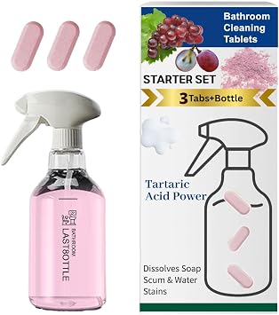 Bathroom Cleaner Starter Kit Tartaric Acid (Milder than Citric) Rich Foam Spray Clings to Grime For Hard Water Stains on Shower Glass, Mirrors, Tile & Tub Bottle + 3 Refills