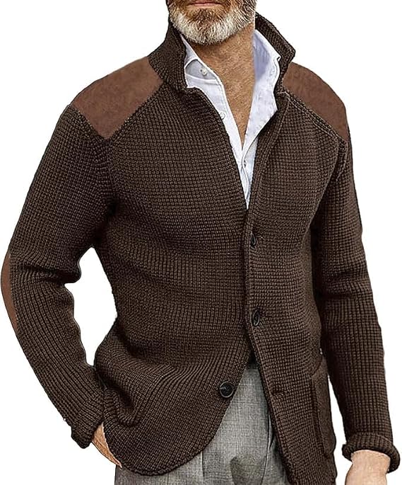 Mens Cable Knit Cardigan Sweater Slim Long Sleeve Shawl Collar Button Blazer Jackets Fall Coat with Elbow Patches