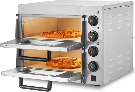 Happybuy Commercial Pizza Oven Countertop, 14" Double Deck, Stainless Steel Electric, with Stone & Handle, for Home & Restaurant Baking