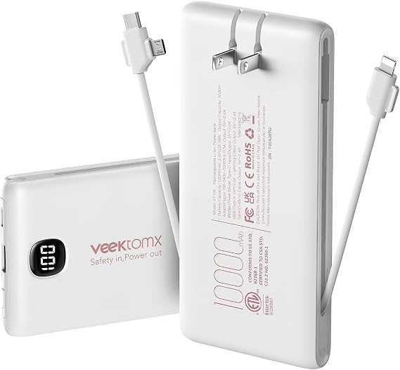 VEEKTOMX Portable Charger with Built-in Cables and AC Wall Plug, 10000mAh