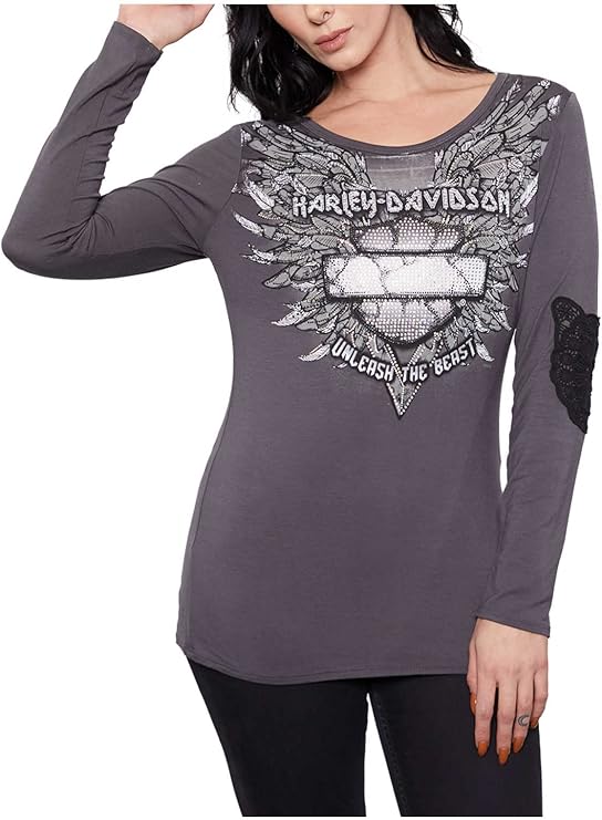 Harley-Davidson Women's Embellished Unleashed Scoop Neck Long Sleeve Top - Gray