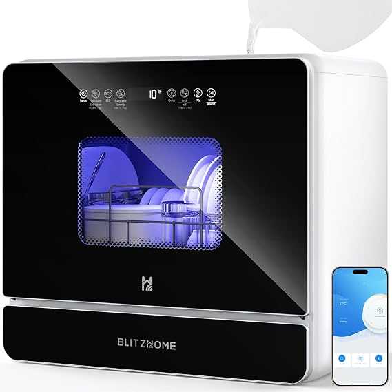 BLITZHOME WiFi Countertop Portable Mini Dishwasher, Smart 9 Programs,167F High-Temp, Hot Air Drying, Air Refresh, 360 3 Spray, 24H Timing, LED Light, 5.2L Built-in Water Tank for Apartments RVs