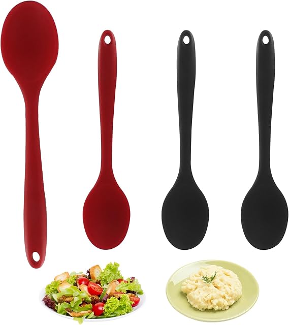 Zorfeter 4 Pcs Small Silica Gel Spoons, Red+Black | Nonstick, Heat Resistant, For Kitchen Cooking Baking Mixing, Stirring Serving Spoon