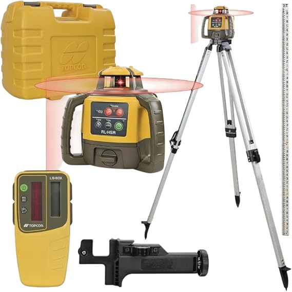 Topcon RL-H5A Laser Transit Leveler Kit - LS-80X Rotary Laser Receiver with Rod Bracket - 36-60in Precision Level 360 Laser Tripod - 13ft Fiber Rod Level Tool with Inch Increments for Construction