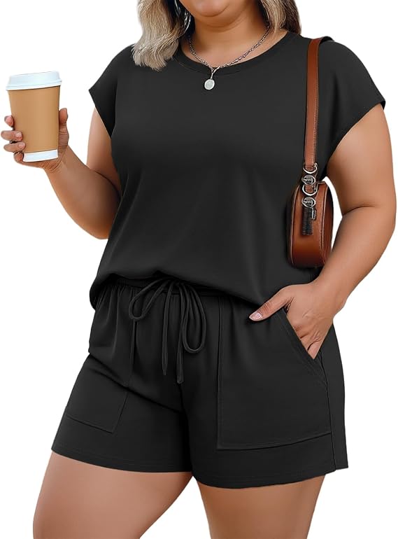 Lastshe Plus Size Two Piece Short Sets for Women Summer Lounge Set Cap Sleeve Drawstring Outfits Sweatsuit Matching Sets