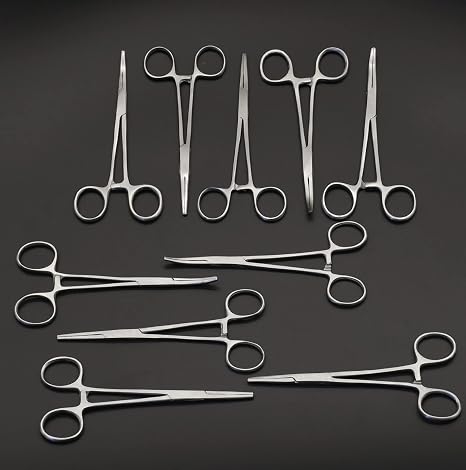 Set of 10 Straight & Curved Hemostat Forceps 5.5" - Stainless Steel Locking Tweezer Clamps - Ideal Hemostats for Nurses, Fishing Forceps, Crafts and Hobby, Satin-Silver