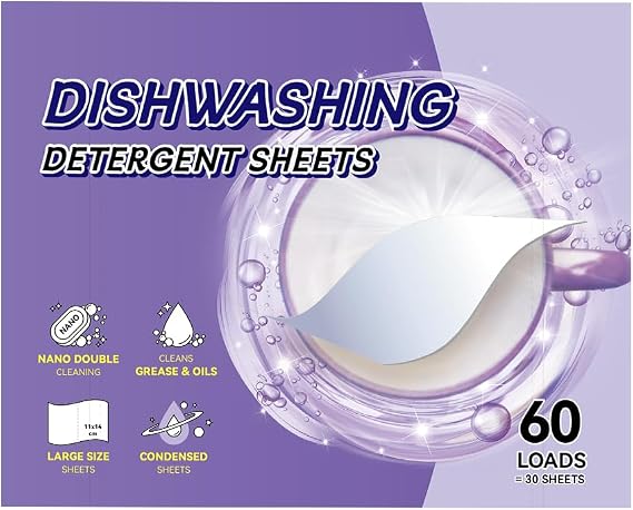 Dishwasher Detergent Sheets, Unscented Dishwashing Detergent, Dishwasher Pods Alternative, Double Cleaning Formula, Condensed, Concentrated, Large Size, 60 Loads Count, 30 Sheets, White