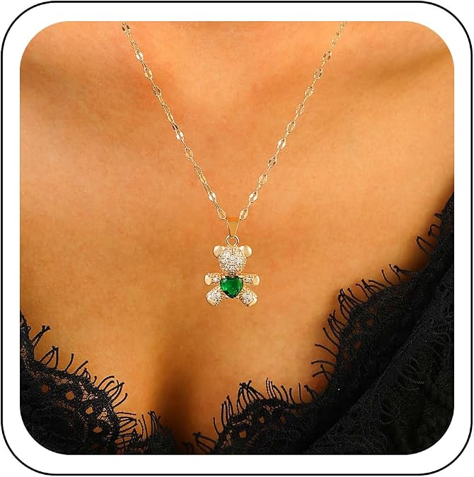 Cubic Zirconia Bear Necklace Red Heart Crystal Teddy Bear Necklace Cute Animal Bear Pendant Necklace Gold Thin Chain Necklace Jewelry for Women