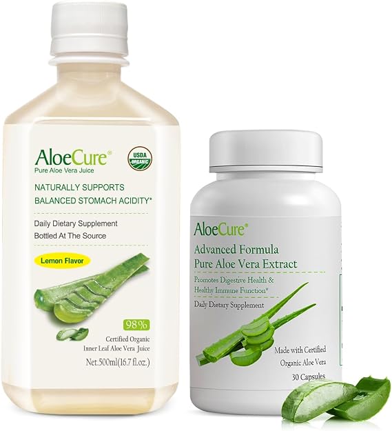 AloeCure Digestion Support Pack - Lemon Flavor Aloe Juice 1btl, Aloe Vera Capsules 30 caps