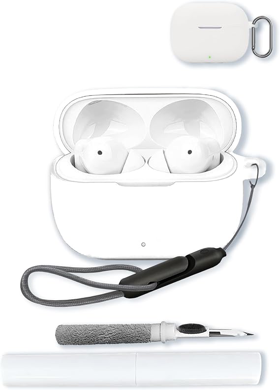Case for realme Buds T310 Wireless Earbuds,Soft Protective,Shockproof, BOVUGAC Silicone Case Cover with Keychain & Cleaning Kit & Lanyard-White