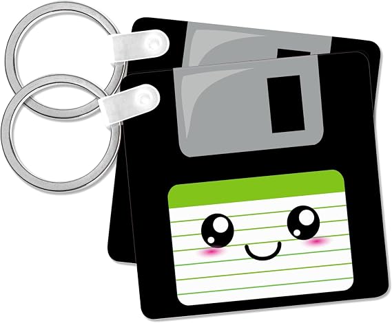 3dRose, Kawaii Cute Happy Floppy Disk - Retro 90s computer storage disk - Fun smiling with Green label, Key Chain