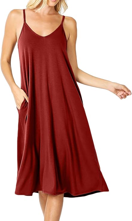 ALLLA Womens Lightweight Flowy Summer Dress Adjustable Strap Knee Length Dress with Side Pockets. Casual, Beachwear