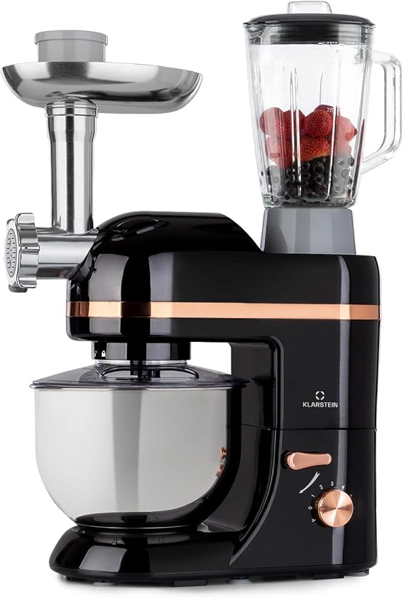 Klarstein Kneading Machine Food Processor with Meat Grinder 1800 W Small Dough Machine 6 Levels Whisk Stirring & Dough Hook Planetary Mixer Mixing Machine with Mixer Food Processors 5 L Bowl