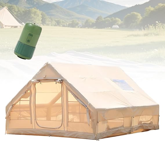 Luxury Inflatable Air Tent House, Wood Stove Ready Glamping Tent with Dual Pumps, Ventilated Oxford Cabin Tent with Mesh Windows, Instant Pitch Family Tent