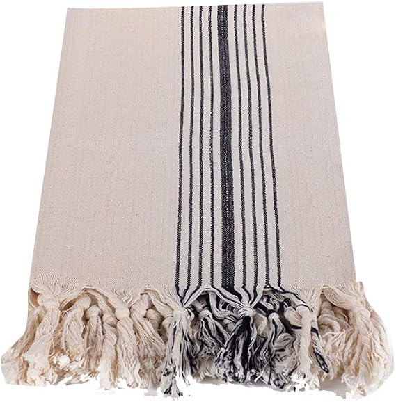 Turkish Towel,100% Pure Cotton Wrap, 37" x 74" Oversized Fringed Bath Beach Peshtemal Black Striped Yoga Gym Spa Made in Turkey Boho Towel