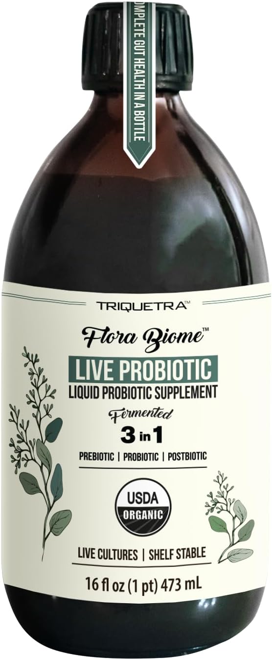 Flora Biome - Live Probiotic, Prebiotic, Postbiotic Organic Live-Culture 10 Probiotic Strains, 18 Fermented Herbs - Complete Gut Health & Microbiome Optimizer (16 oz)