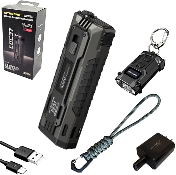 Nitecore EDC37 8000 Lumen USB Rechargeable Slim Body LED Flashlight, TINI3 600 Lumen Keychain Flashlight Bundle with EdisonBright Charging Adapter