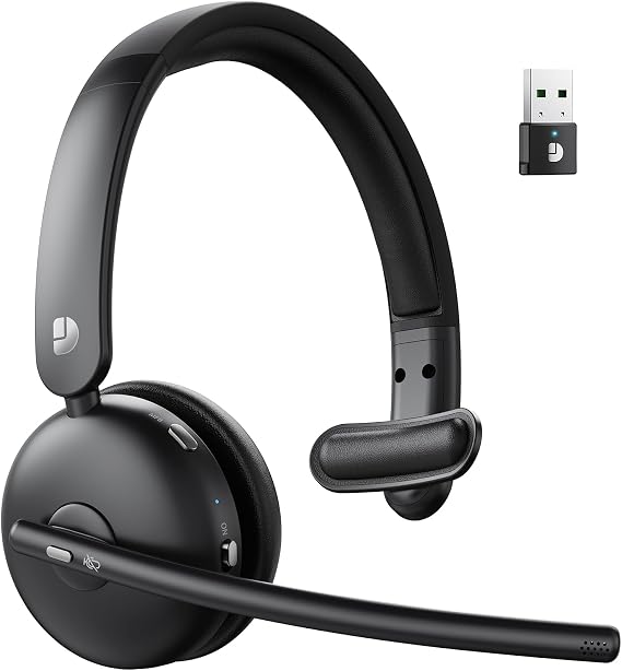 Dytole Wireless Headset with Mic for Work, Bluetooth Headset with Mic, AI Noise Cancelling, 65H Battery & Mute Function, Single-Ear Wireless Headset & USB Dongle, Fit for PC/Laptop/Teams/Call Center