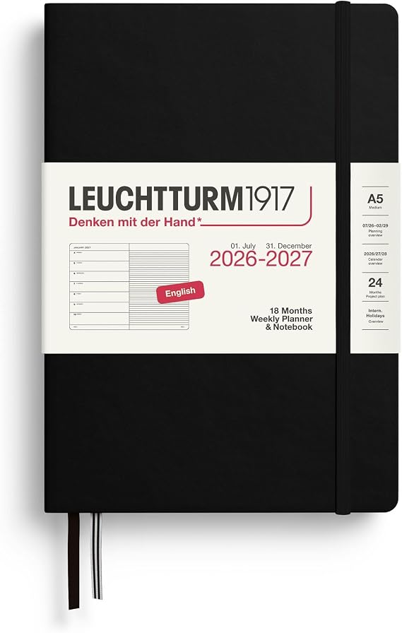 LEUCHTTURM1917 - Weekly Planner and Notebook Hardcover Medium A5, 18-month, July 2026 - December 2027, English, Black