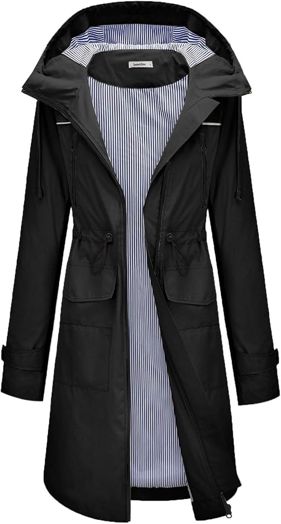 JASAMBAC Long Rain Coats for Women Rain Jacket Trench Coat Windbreaker Outdoor Lightweight Waterproof with Hood Black XL