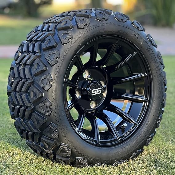 TREX 12" Titan Aluminum Golf Cart Wheels and 20x10-12" DOT All Terrain Tires - Set of 4 (20x10-12" All Terrain - Metric, 12" Titan Gloss Black)