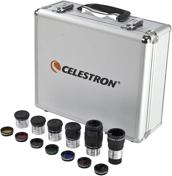 Celestron Eyepiece, Barlow & Filter Telescope Accessory Kit 1.25" Barrel | 14 Essential Telescope Accessories, 5 Plossl Eyepieces, 2x Barlow, 7 Colored & Moon Filters, Includes Premium Metal Case