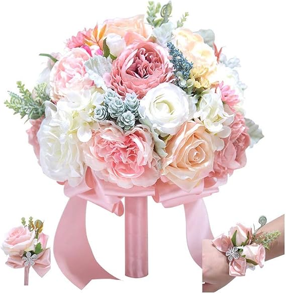New Wedding Bouquet Lvory and Blush Peony Flower Silk Bridal
