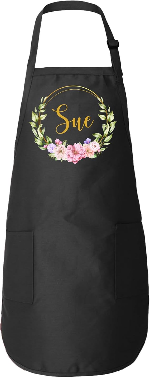 Personalized Apron Floral Initials Design Name Text with Pockets - Custom Name Kitchen Aprons Women Men