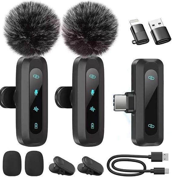 Wireless Lavalier Microphone for iPhone - Android and Laptop PC Mini Microphone with Noise Reduction, Auto Pairing and Mute & Reverb for Video Recording Interview Conference Podcast Vlog (2 Pack)