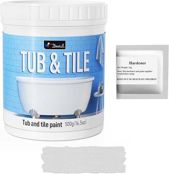 DWIL Tub and Tile Paint 16.5 oz, Tub Paint for Bathtub, Tile Refinishing with Hardener, Water Based, Low Odor, Semi-Gloss Light Gray, 25-30sq.ft