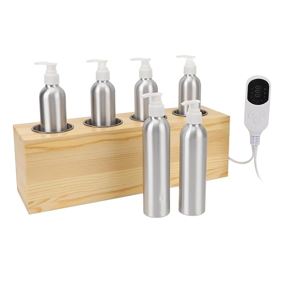 4 Bottles Oil Warmer Dispenser, Quick Heating Massage Oil Warmer with Temperature Control, Multi Functional Lotion Warmer with Essential Oil Bottles for Aromatherapy Experience