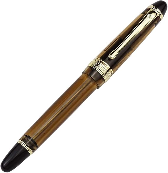 Lanxivi Yongsheng 699 Vaccum Filling Fountain Pen Extra Fine Nib, Brown Translucent Acrylic Solid Section Pen Box Set