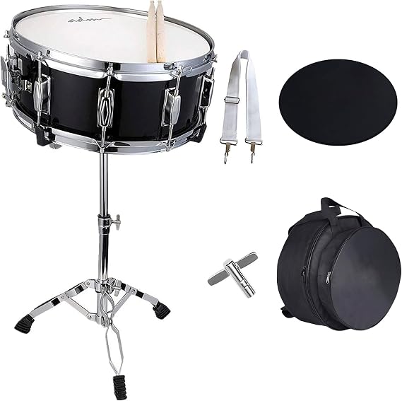 ADM 14"X 5.5" Snare Drum Set, Student Snare Drum Beginner Kit with Stand, Drum Mute Pad, Strap, Drum Sticks, Drum Keys, Black