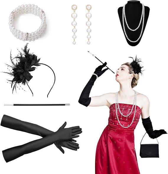 6Pcs Great Gatsby Accessories Women, 1920s Flapper Accessories Set with Pearl Necklace, Headband, Earrings & Gloves, Roaring 20s Vintage Costume Jewelry for Women, Gatsby Themed Party Prom