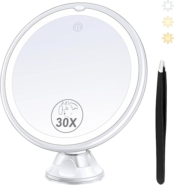 Magnifying Mirror with Light 30X, Lighted Makeup Mirror 30X for Precision Makeup, 3 Color Modes and Adjustable Brightness, 360 Swivel Magnifying Mirrors Suction Cup for Bathroom 8 Inches