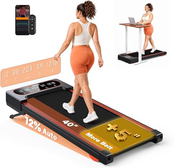 Walking Pad Treadmill with Auto Incline 12%-12Level, Quiet BLDC EvoDrive, Under Desk Treadmill for Home Office, Full Metrics Display, Extra-Large Belt, Quadra Cushion, 300lbs Capacity, App Control