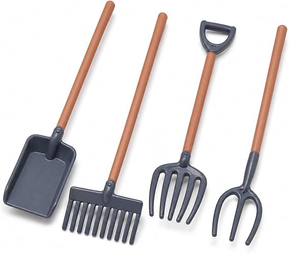 LOGOFUN 4PCS Mini Dollhouse Garden Tools 1:12 Farmhouse Accessory Set | Includes Mini Shovel, Rake And Fork Pieces For Dollhouse Gardens, Farm Scenes And Fairy Crafts
