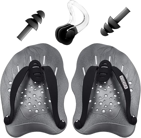 Swim Training Hand Paddles with Ear Plugs and Nose Clip, Adjustable Straps Contour Swimming Paddles for Women Men and Children Professional Swimming Accessories