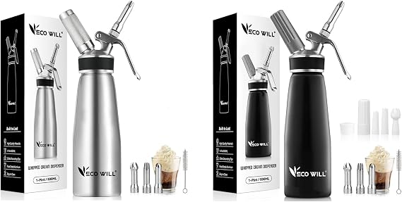 Professional Whipped Cream Dispenser, Durable Aluminum Cream Whipper with 2 Sets of Stainless Steel and Plastic Tips & Cleaning Brush,1-Pint / 500 mL, Homemade Cream Maker